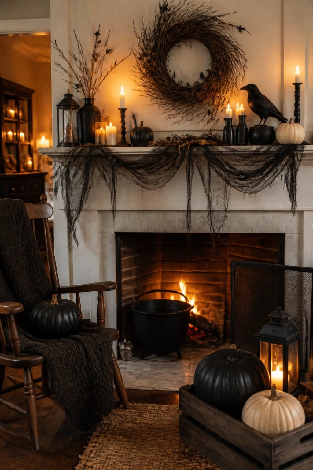 A white fireplace mantel decorated for Halloween with a large twig wreath featuring bats, a black crow, black and white pumpkins, candles, and black gauze draped across the front, with a black cauldron in the lit fireplace below.