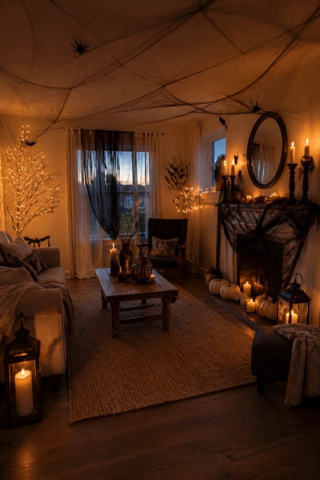 Living room with ceiling covered in large fake spiderwebs, plastic spiders, and bats, along with a fireplace mantel draped in black webbing and surrounded by candles and pumpkins.