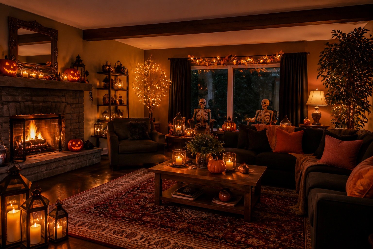 Cozy living room with leather sofas, carved pumpkins, lit fireplace, and autumn candles