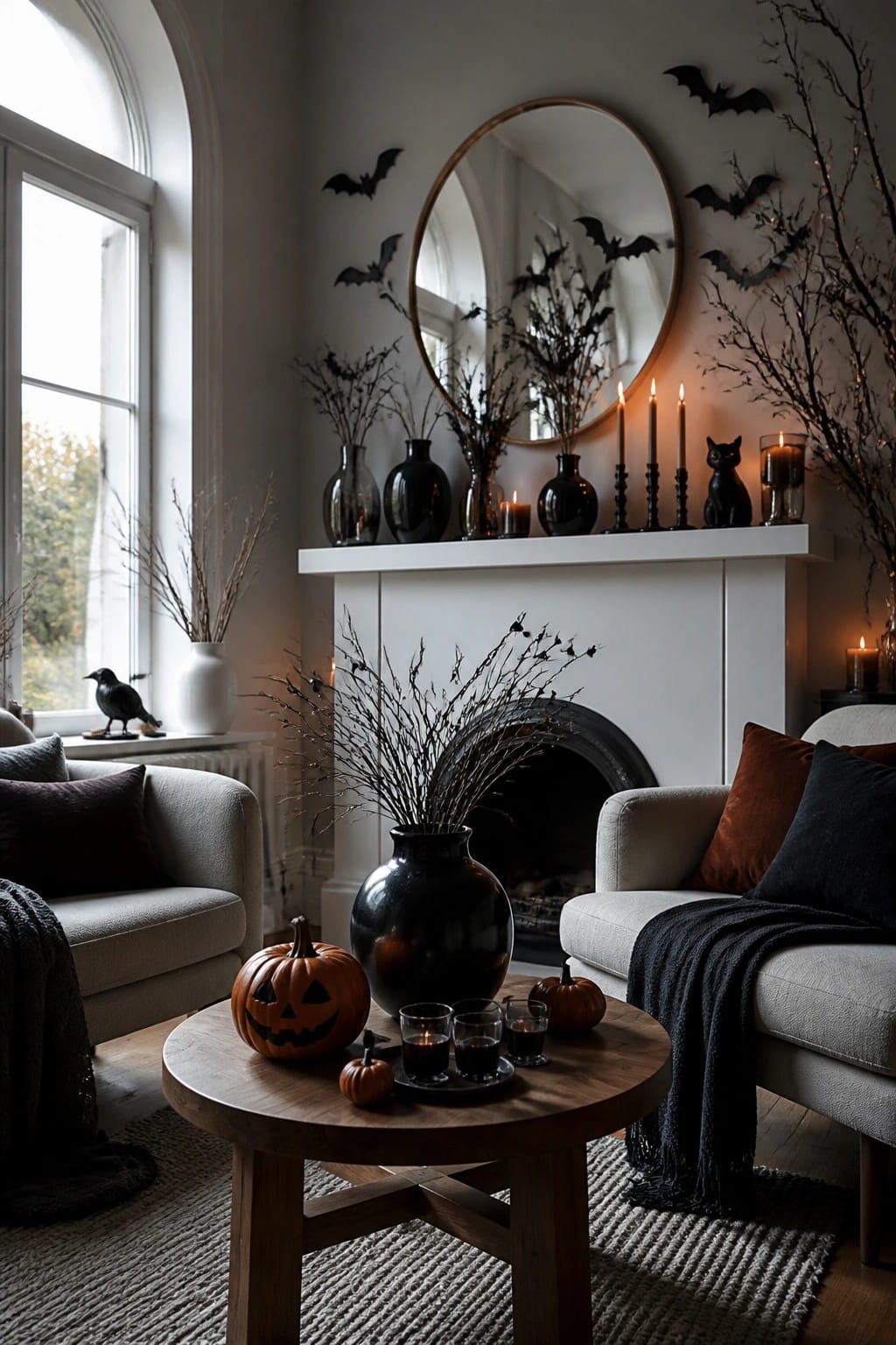 Living room mantel with a round mirror surrounded by black bat cutouts, black vases, lit candles, and a small black cat figurine.