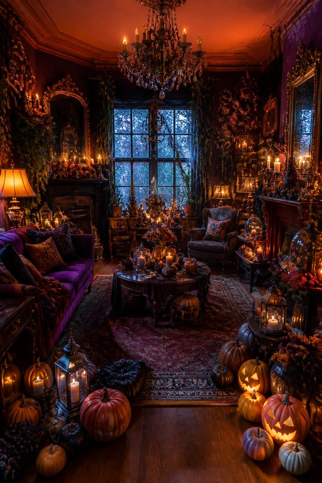 Living room filled with carved glowing jack o lanterns, candles in lanterns, and pumpkins placed on the floor, tables, and near the fireplace.