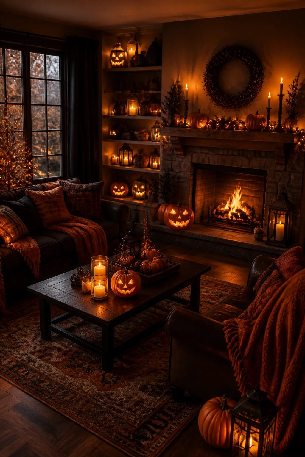 Cozy living room with leather sofas, carved pumpkins, lit fireplace, and autumn candles