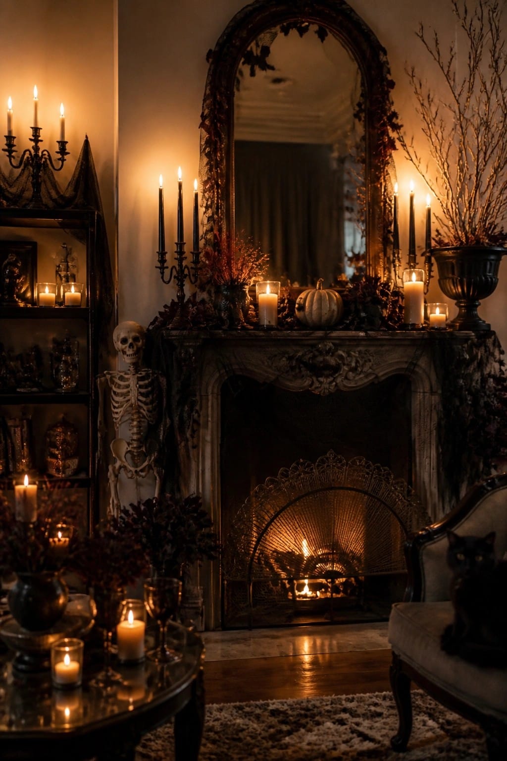 Living room fireplace with a skeleton positioned beside the mantel, which holds lit candles, a white pumpkin, and dark foliage.