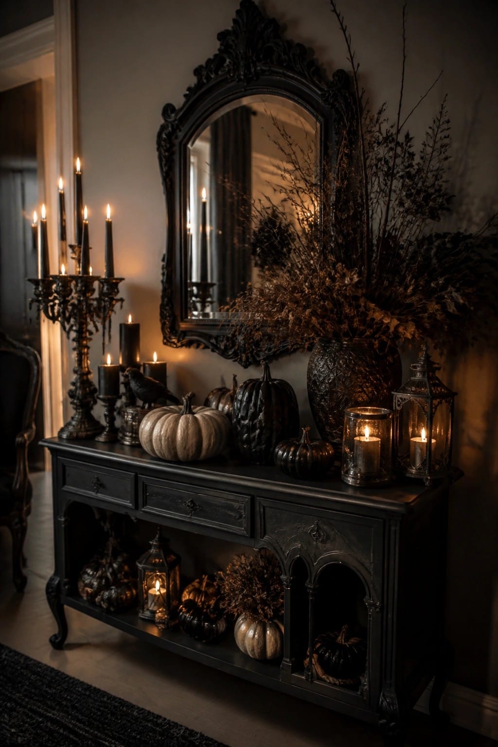Dark console table decorated with black and white pumpkins, black candles in candelabras, glass lanterns, and a large arrangement of dark branches under an ornate black mirror.