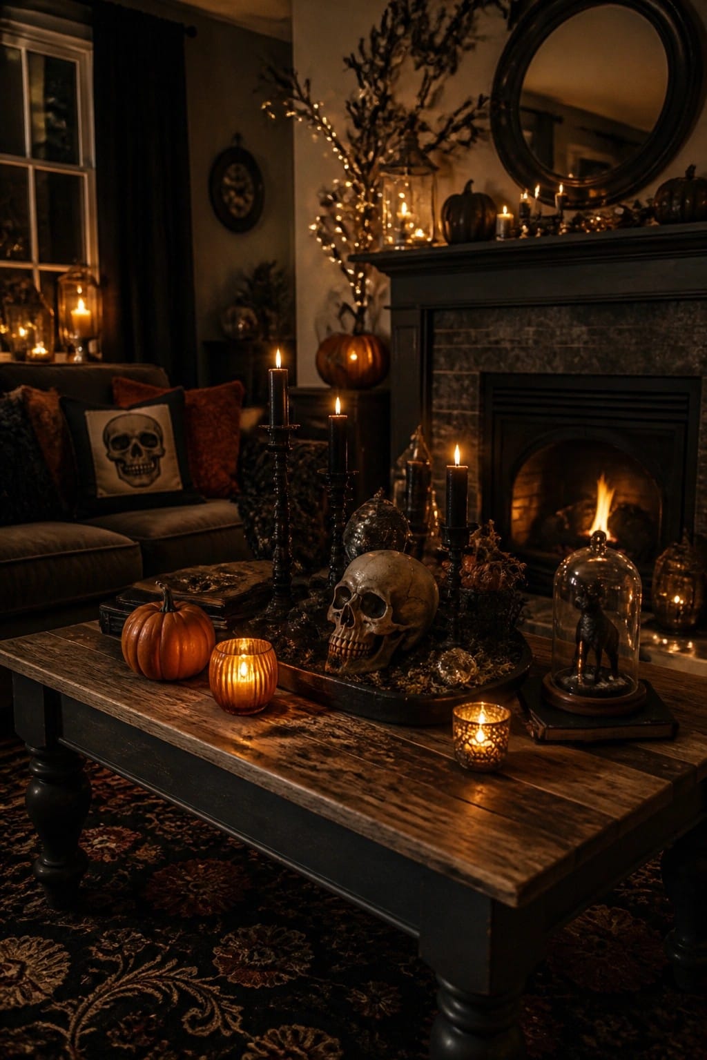 Living room coffee table with a large skull in a dark tray, black candles, small pumpkins, and a glass dome containing a miniature skeleton figure.