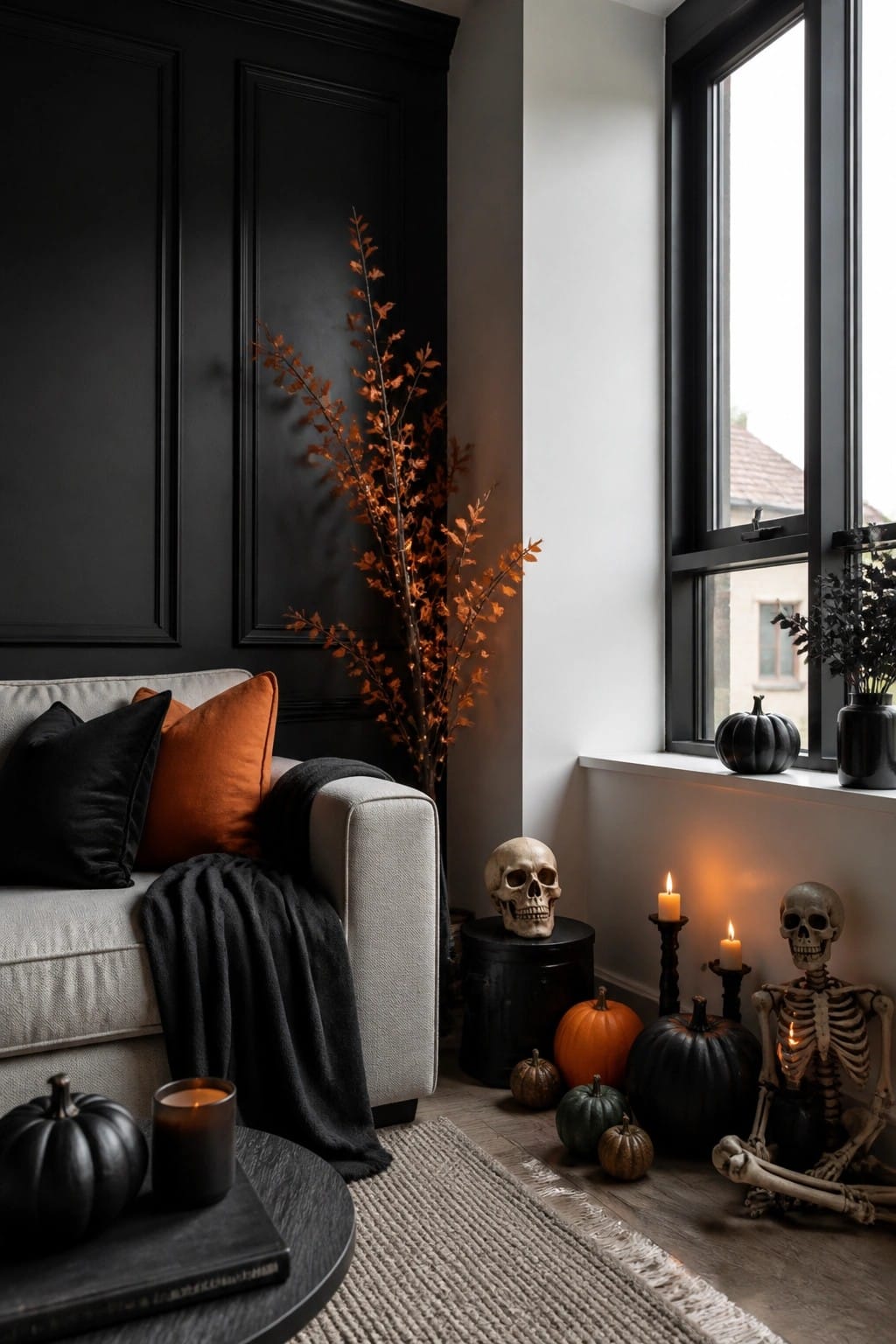 Living room corner showing a skull on a black stool, a posed skeleton on the floor, lit candles, and pumpkins near a window.