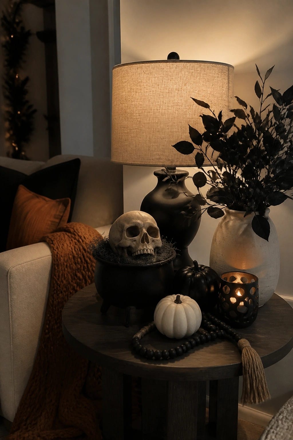 Round wooden table holding a white skull inside a black cauldron, black and white pumpkins, a dark candle holder, and vases with dark foliage.
