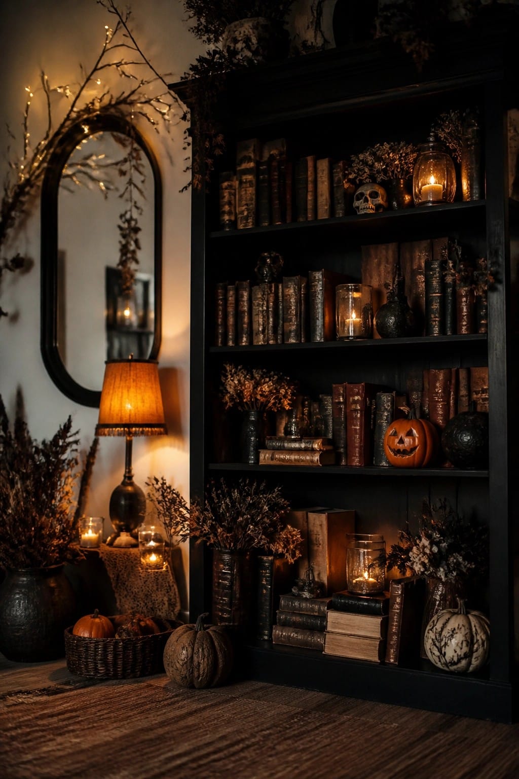 Dark bookshelf decorated for Halloween with old books, a carved jack-o'-lantern, skull, candles, and dried flowers.