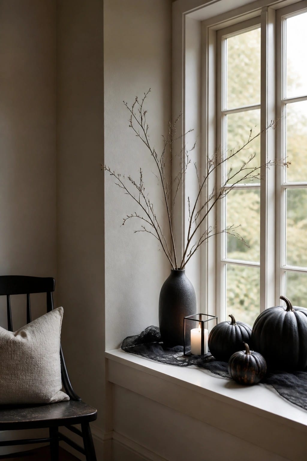 A windowsill with a black vase holding bare branches, several black pumpkins, a lit candle in a lantern, and black lace fabric.
