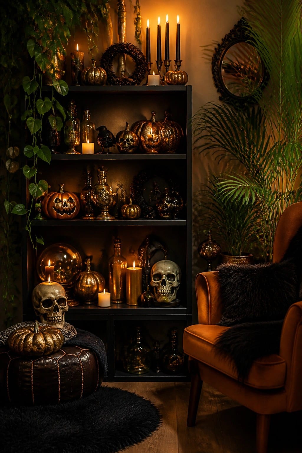 Black bookshelf filled with skulls, carved pumpkins, candles, and dark bottles in a living room corner with an orange armchair nearby.
