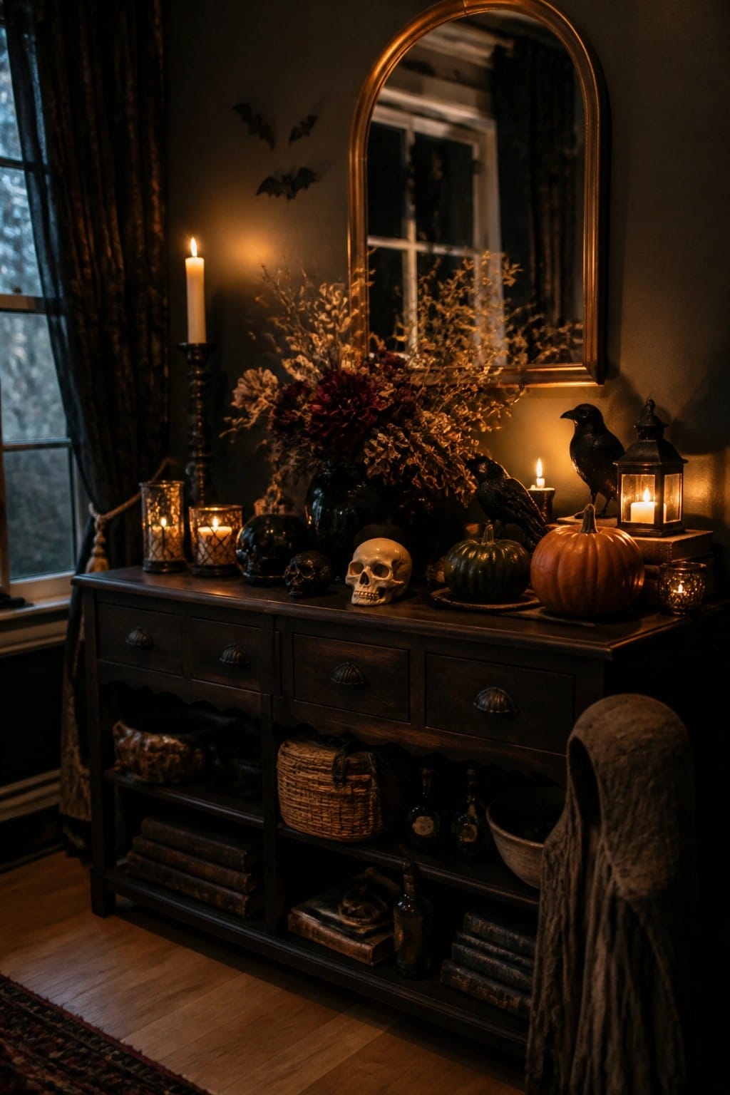 Dark wooden console table arranged with skulls, black crows, pumpkins, and candles beneath an arched mirror with bat wall decorations.
