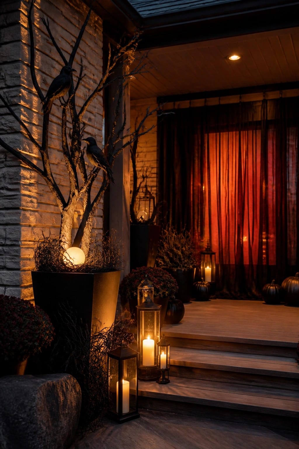 Lanterns, pumpkins, and bird-perched branches illuminate a wooden porch at night.