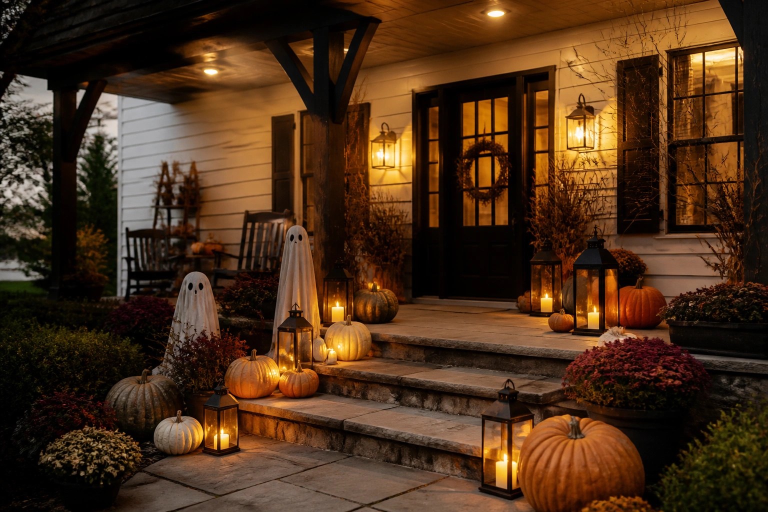 Front porch with a skeleton seated in a black rocking chair surrounded by black pumpkins and crows.
