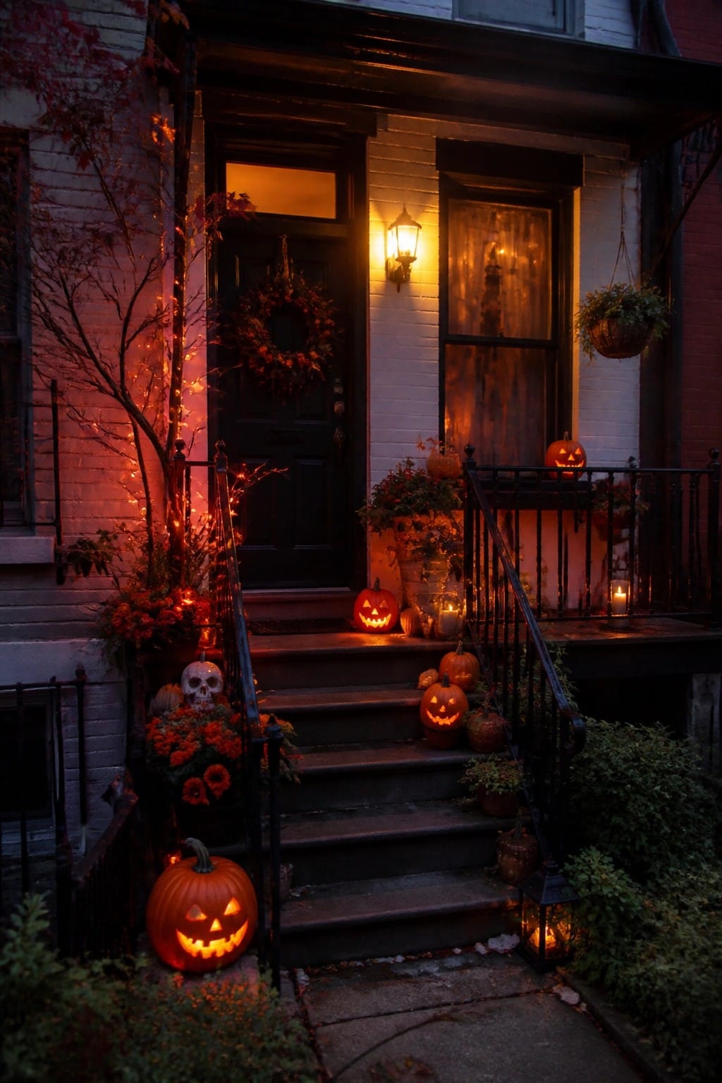 Front porch at night with multiple carved jack o lanterns glowing on the steps and near the entrance, along with candles and a skull among flowers.