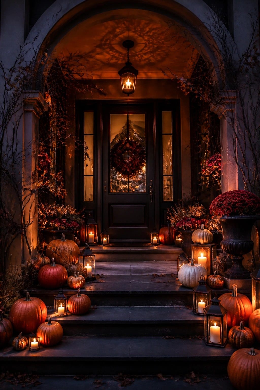 Front porch steps lined with orange and white pumpkins of various sizes along with black lanterns holding lit candles.