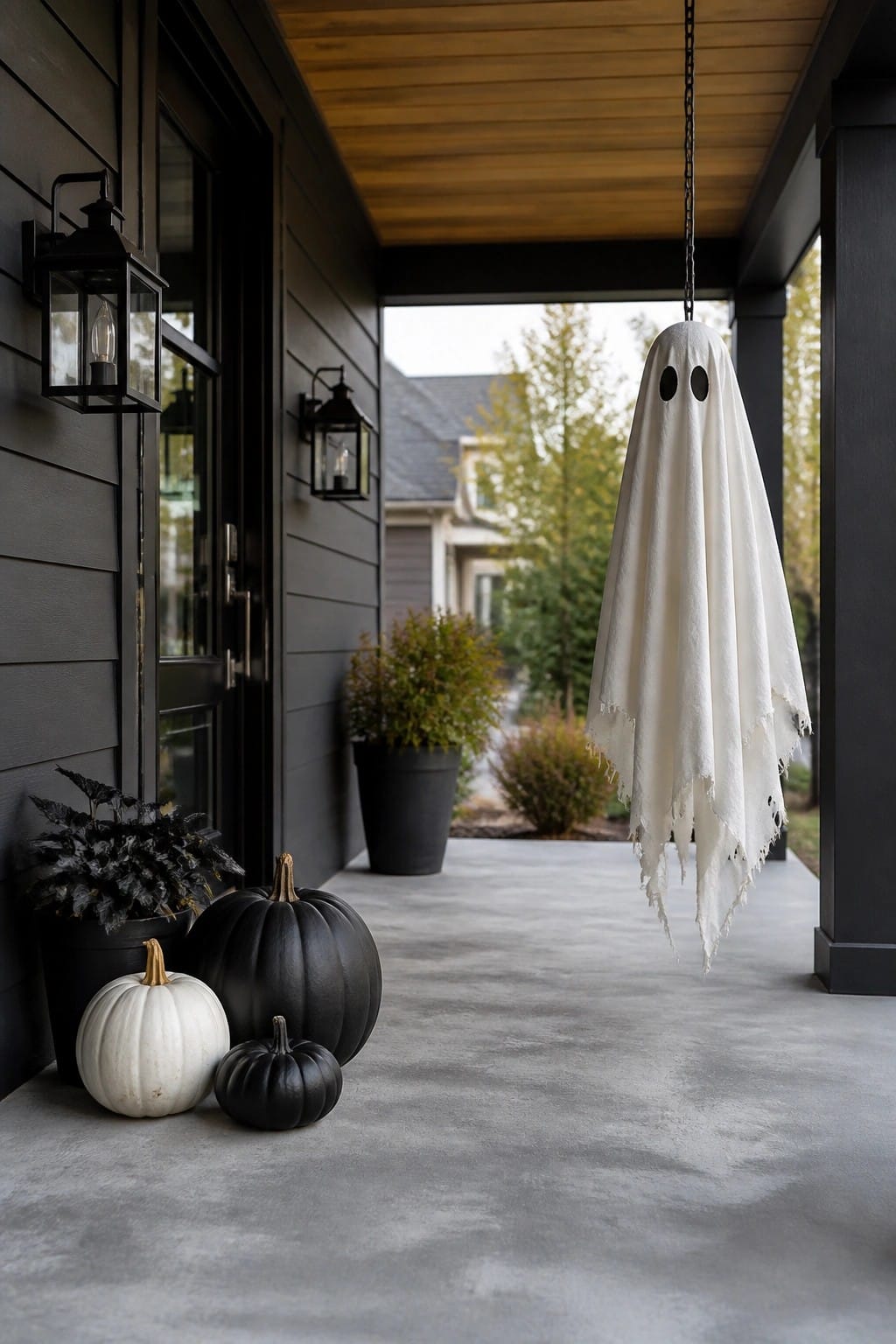 A large white fabric ghost with black eyes hangs from the ceiling of a dark front porch next to black and white pumpkins.