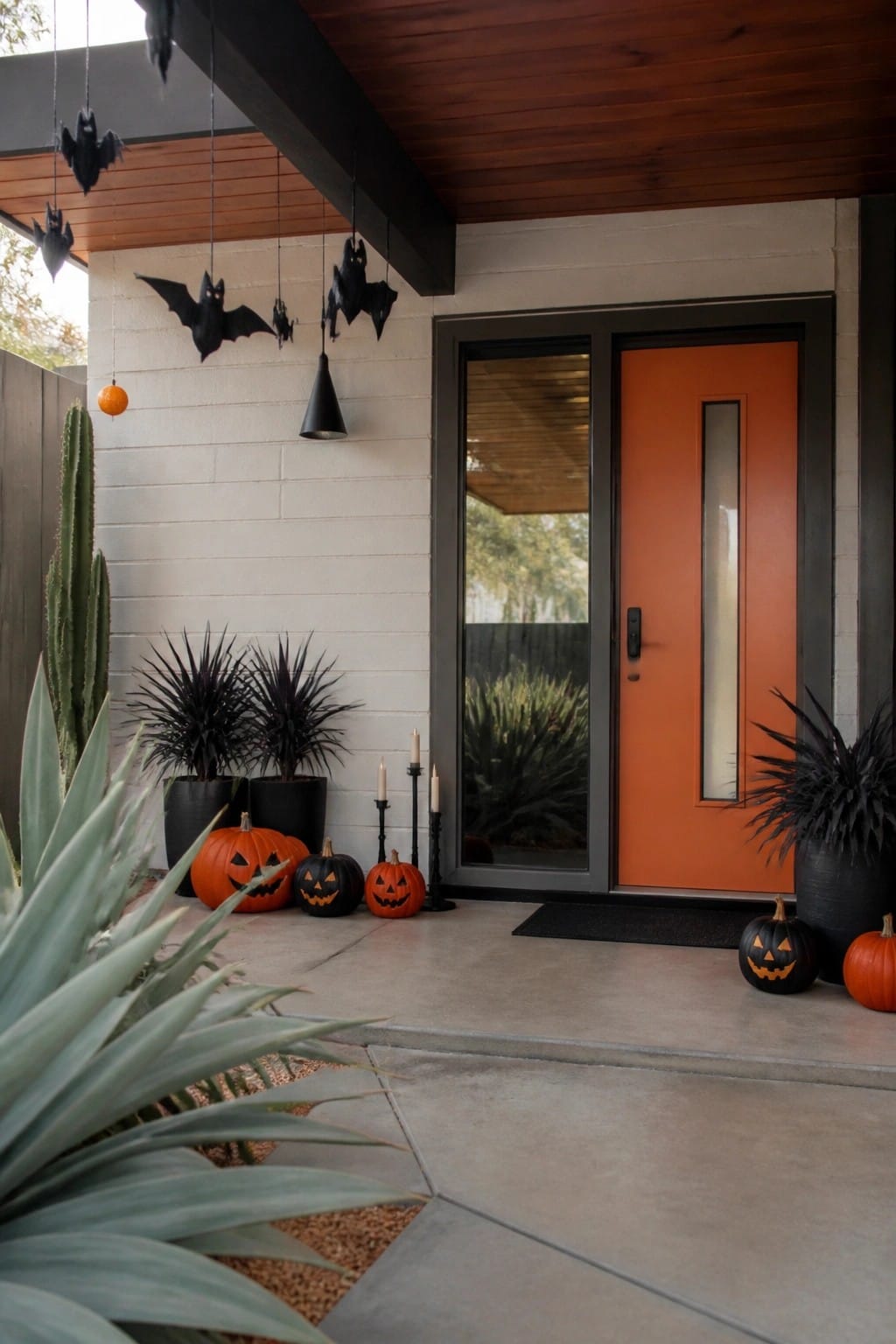 Front porch with multiple black bats hanging from the ceiling above an orange door, plus carved jack-o'-lanterns on the ground.