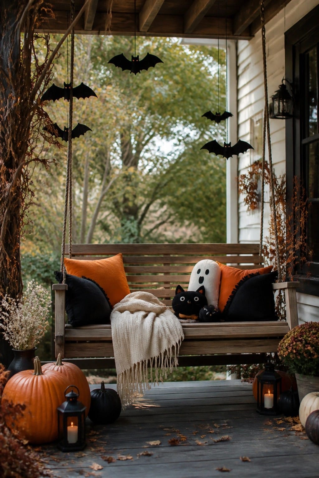 Halloween porch swing with orange pillows, ghost plush, hanging bats, and pumpkins