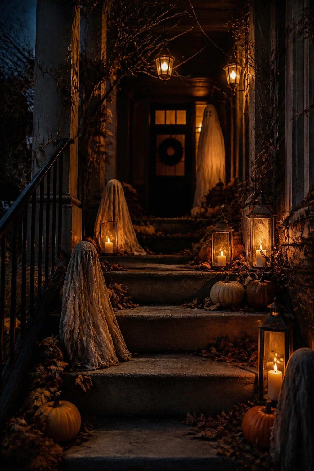 Stone steps with sheet ghosts, pumpkins, autumn leaves, and glowing lanterns at night.