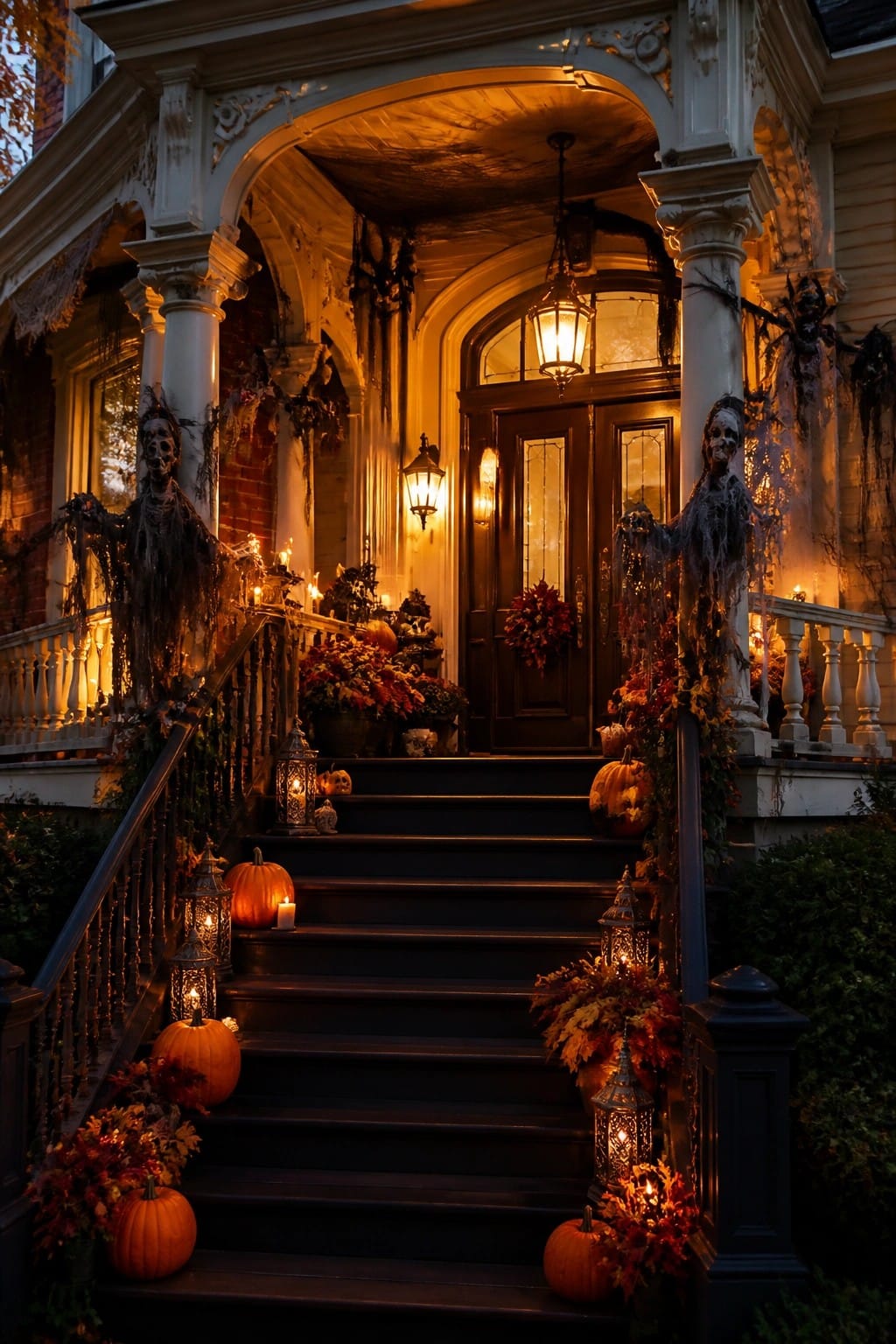Front porch decorated with skeletons wrapped around the columns, pumpkins on the stairs, and lanterns leading to a dark front door.