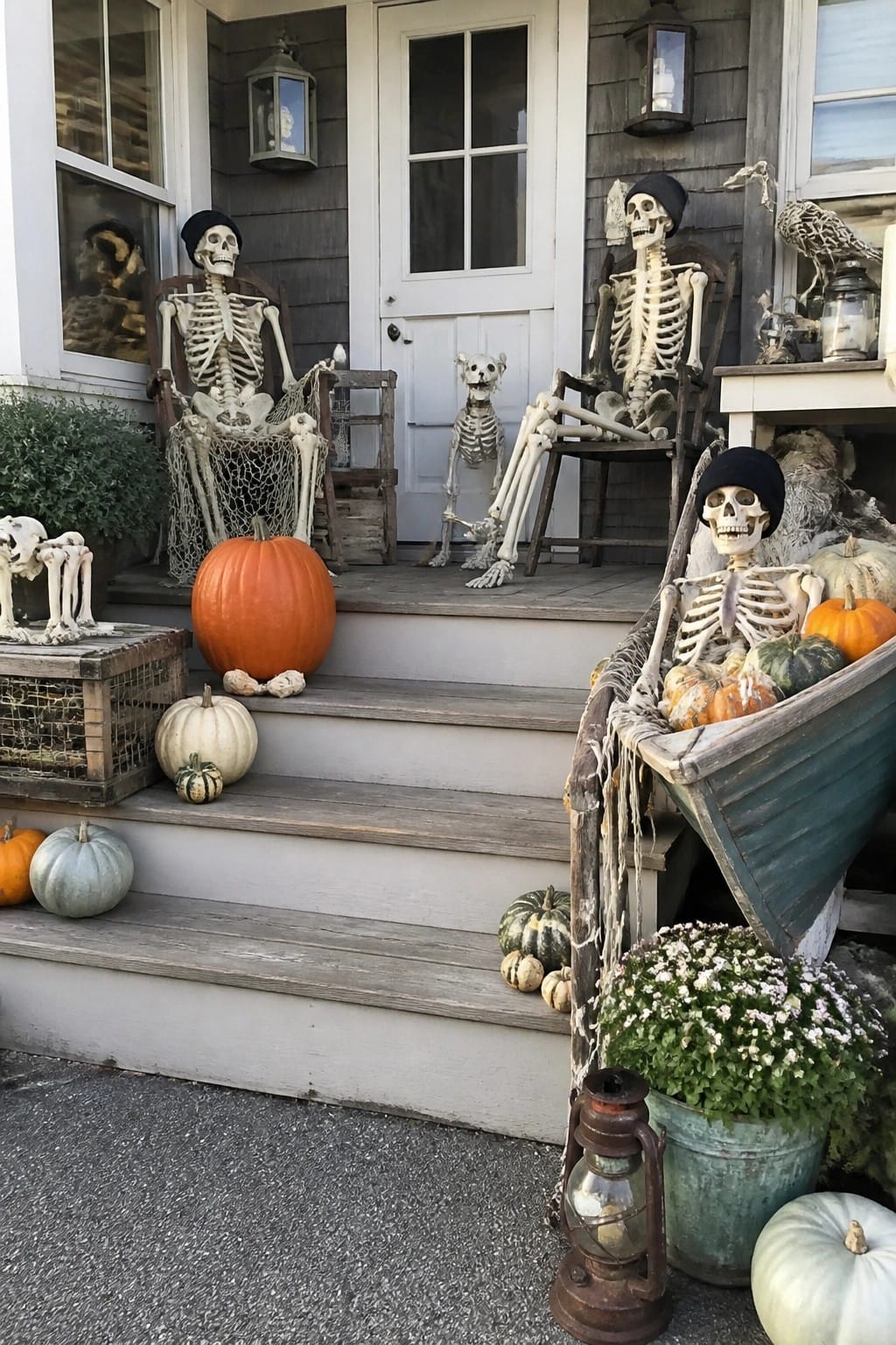 Skeletons in black hats sit among pumpkins on a decorated porch