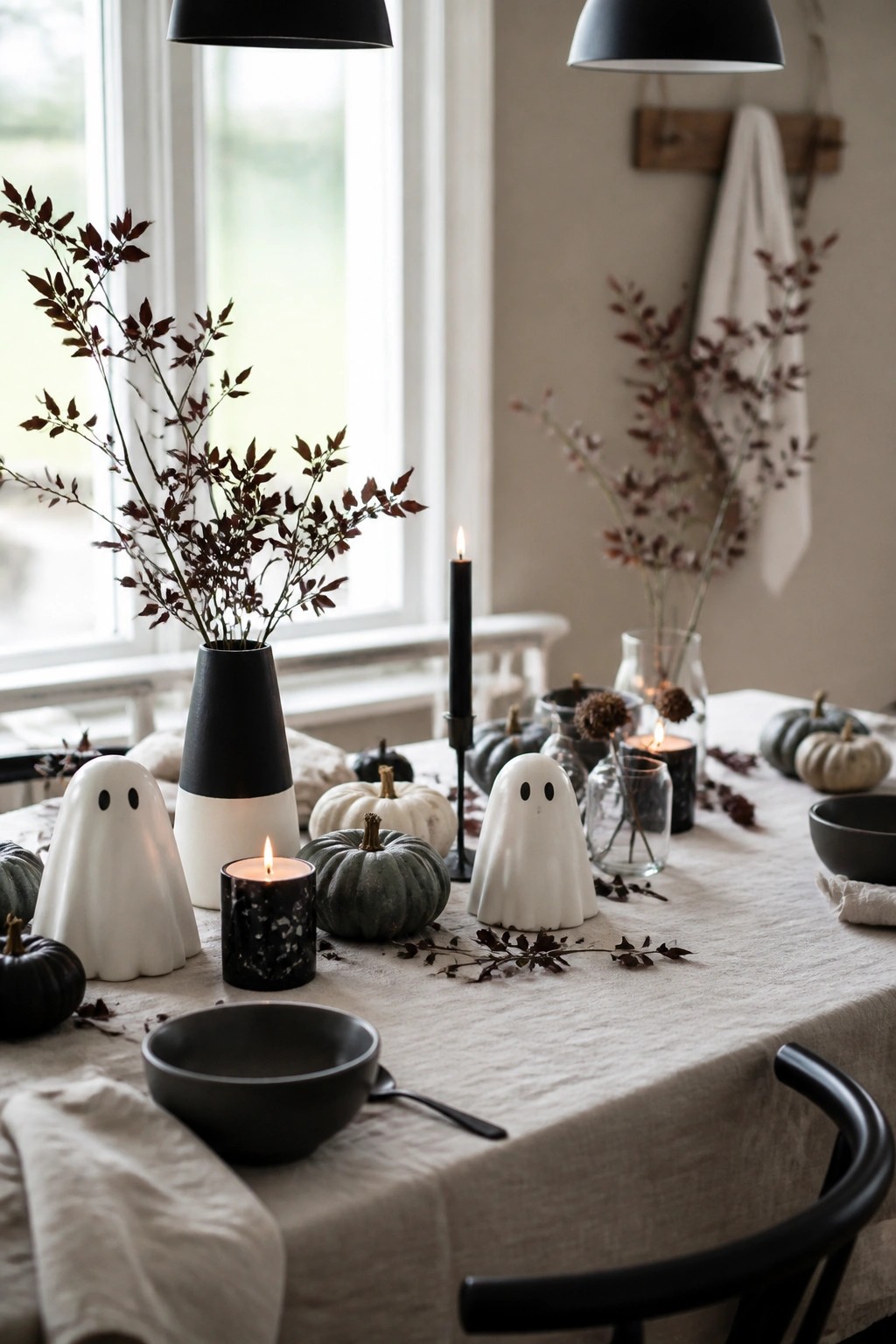 Dining table styled with white ghost figures, small pumpkins, black candles, and dark foliage on a neutral tablecloth.