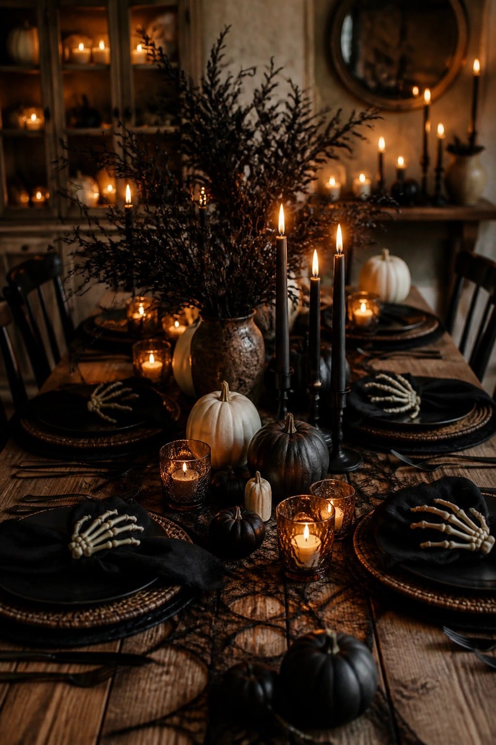 A dining table decorated for Halloween with black plates, skeleton hand napkin rings, black candles, pumpkins, and a spiderweb table runner.