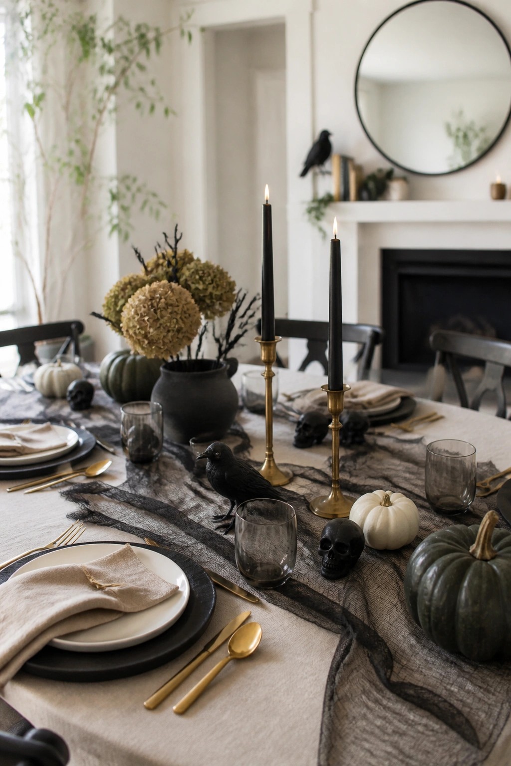 Dining table decorated for Halloween with a black web runner, black crows, skulls, black candles, and muted pumpkins.