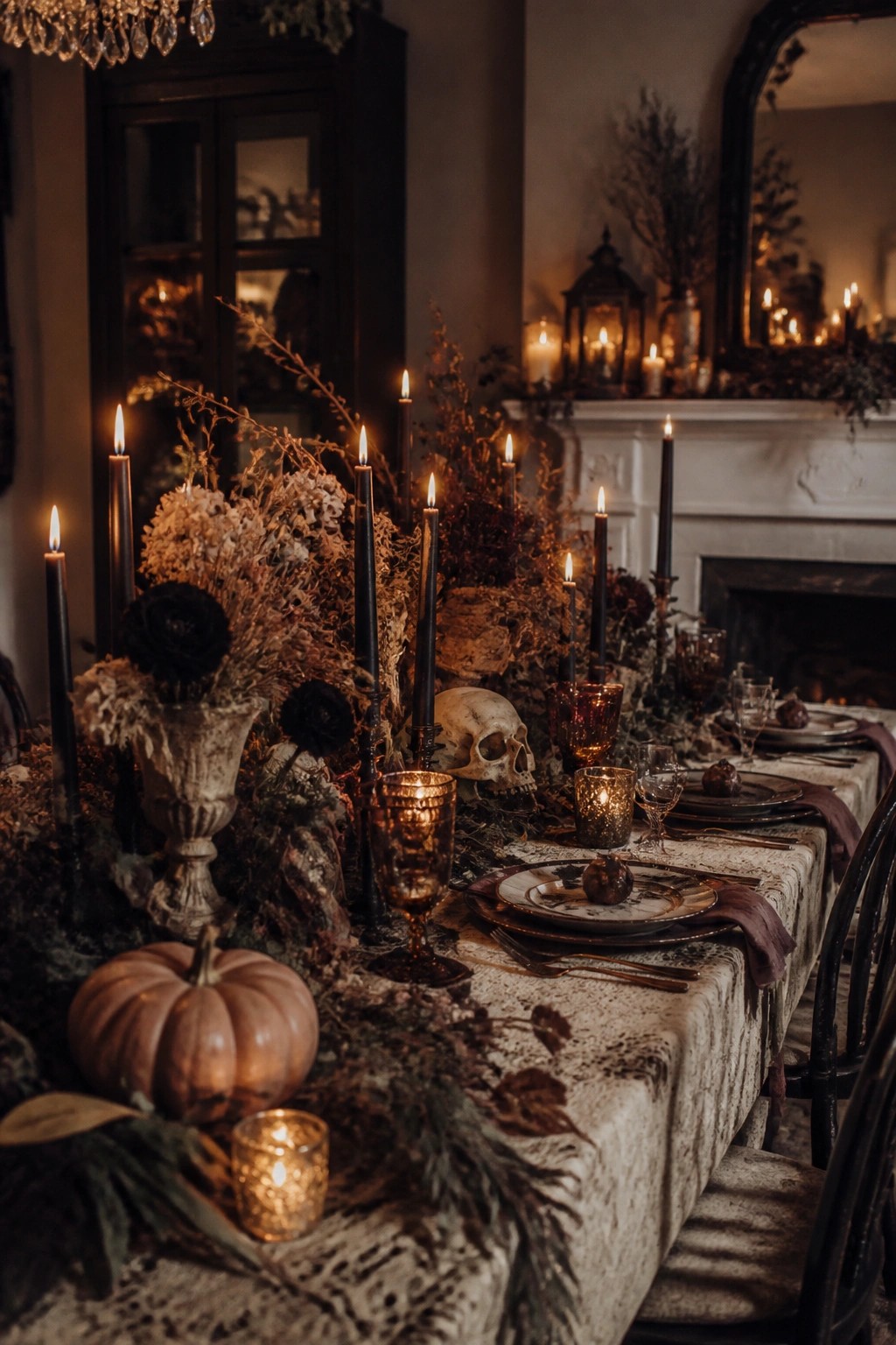 Long dining table decorated with black taper candles, skulls, dark dried florals, and small pumpkins for a Halloween dinner.