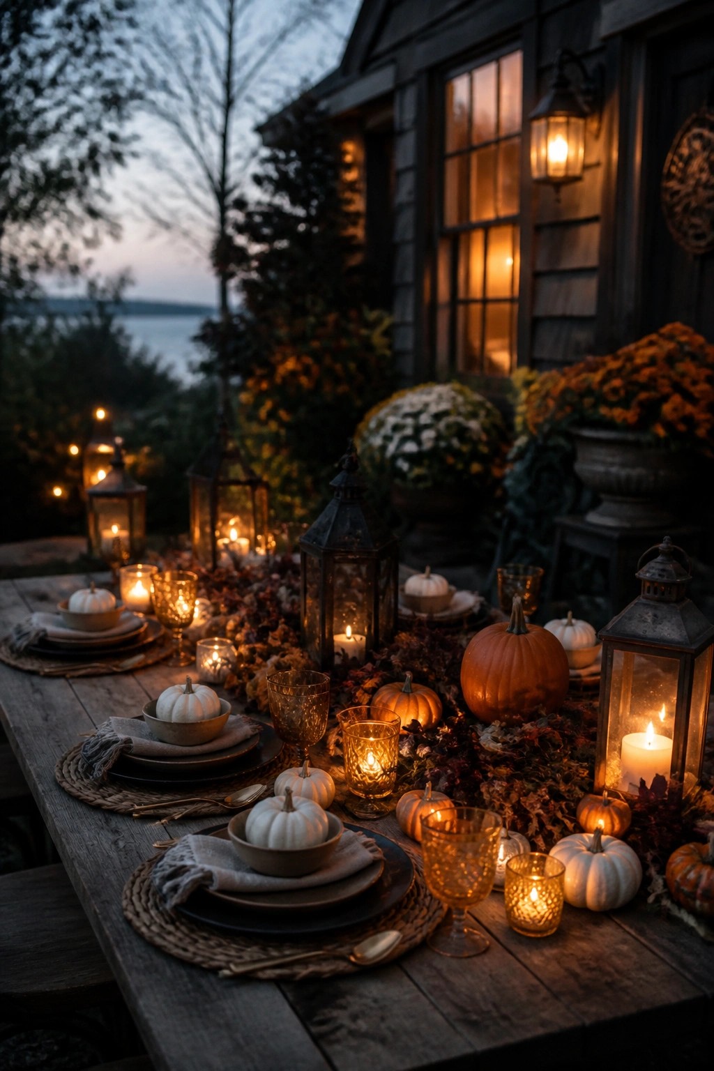 Outdoor wooden dining table decorated with white and orange pumpkins, black lanterns, lit candles, and autumn leaves for a Halloween tablescape.