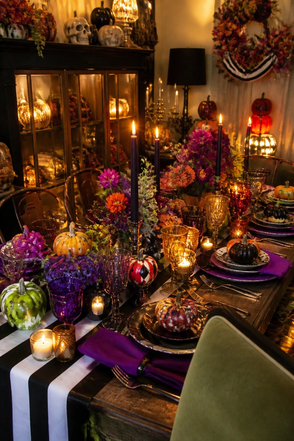 Dining table decorated for Halloween with tall black candles, purple napkins, painted pumpkins on plates, and colorful glassware.