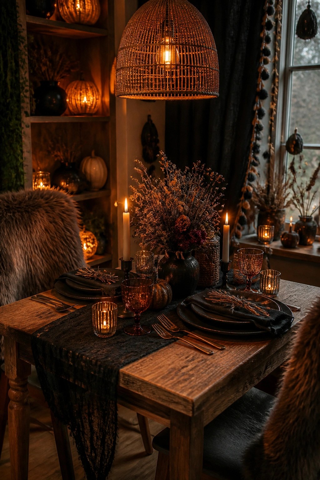 A wooden dining table set with black linens, dark plates, amber glassware, taper candles, and a large dried floral centerpiece.