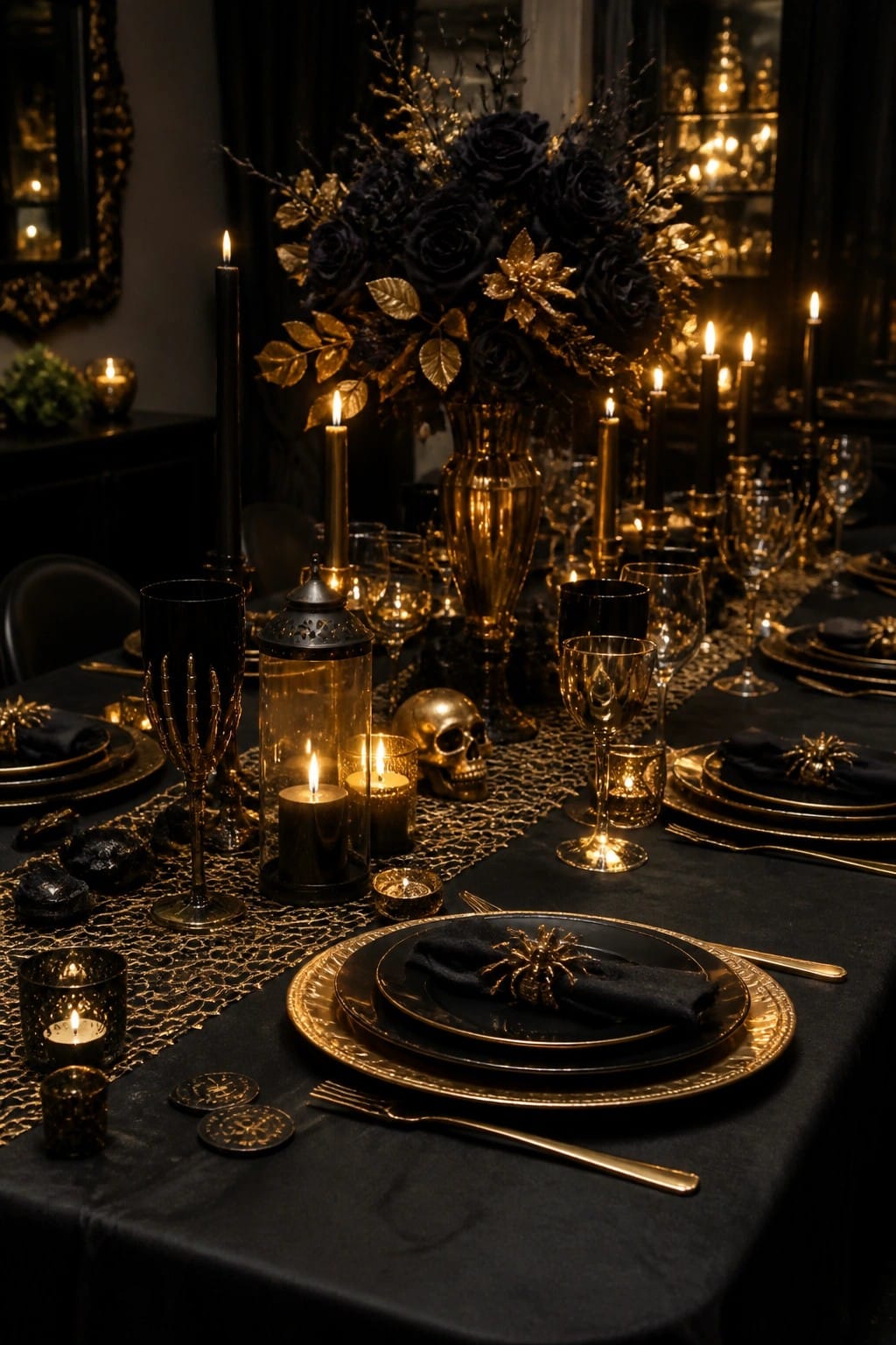 Dark elegant table with black gold dinnerware, lit candles, roses, and skull.
