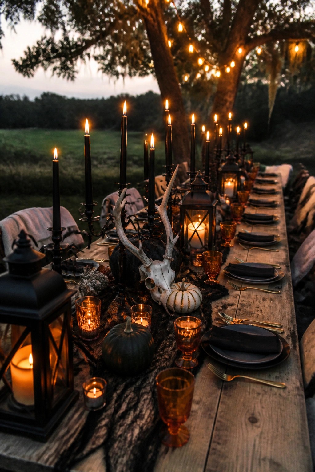 Outdoor wooden dining table decorated with a central animal skull and antlers on a black pumpkin, surrounded by tall black candles, lanterns, and dark place settings.
