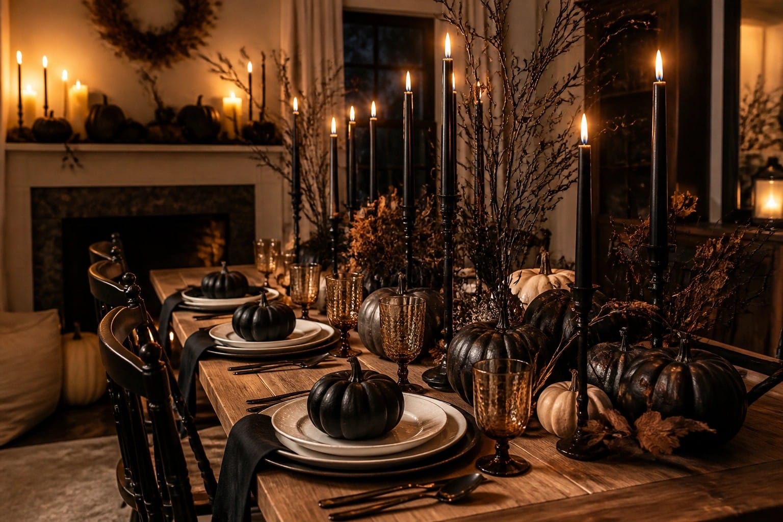 A dining table decorated for Halloween with black plates, skeleton hand napkin rings, black candles, pumpkins, and a spiderweb table runner.