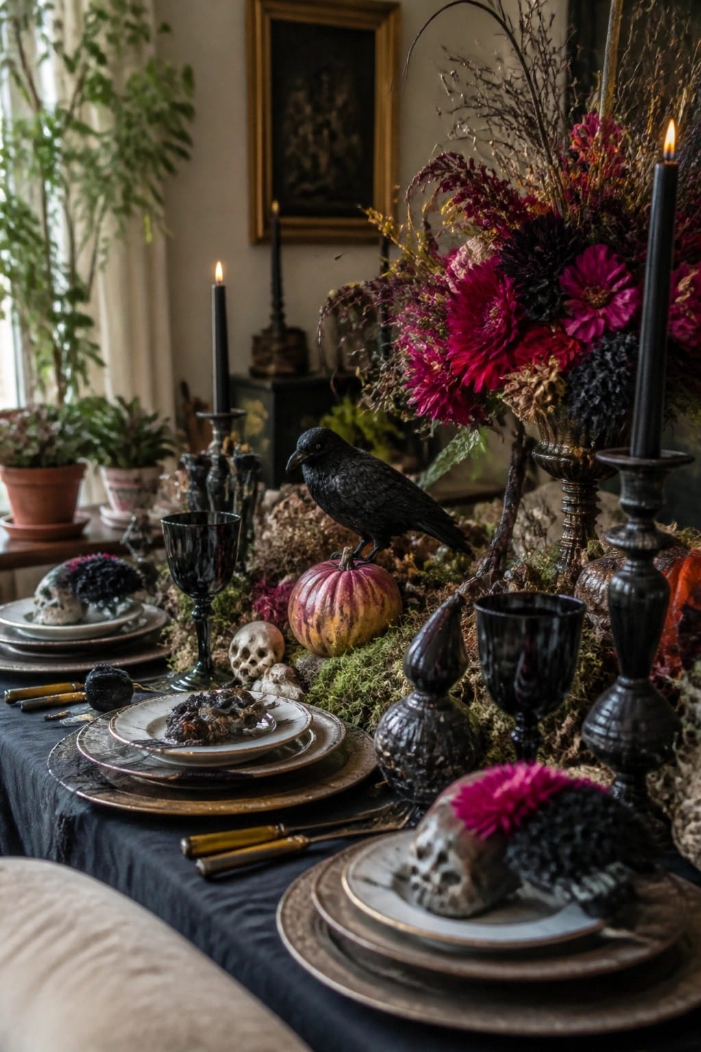 Gothic table with black candles, skulls, raven on pumpkin, and dark florals