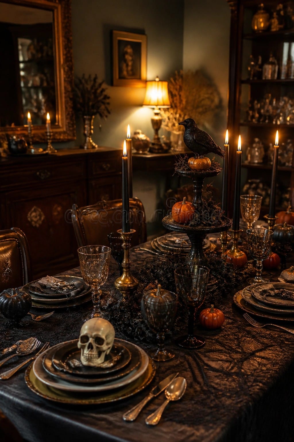 A dark dining table set for Halloween with black candles, a white skull on stacked plates, a black crow on a stand with pumpkins, and dark glassware.