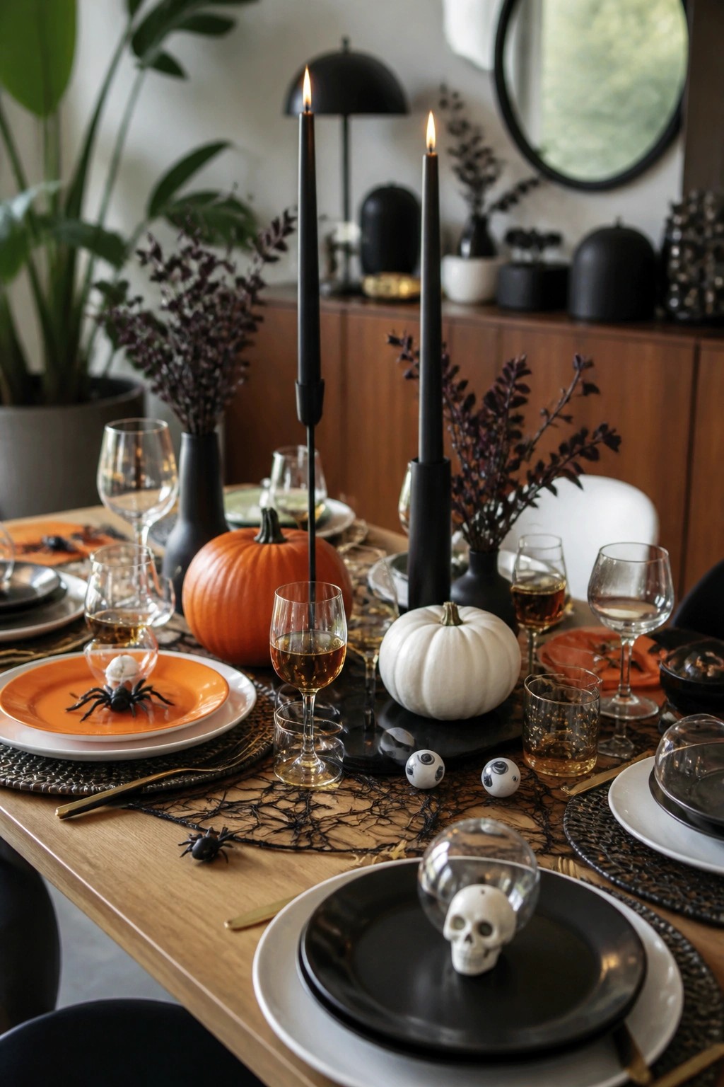 A wooden dining table decorated for Halloween with black plates, orange plates, white and orange pumpkins, black taper candles, plastic spiders, and small skulls under glass cloches.