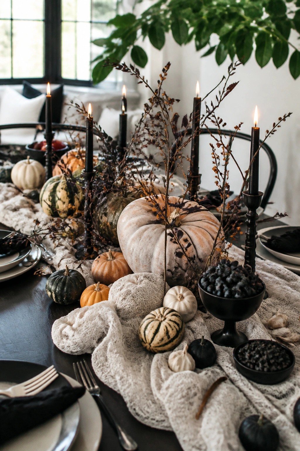 Dining table with a long centerpiece of dark branches and black taper candles surrounded by white and green pumpkins on a lace runner.