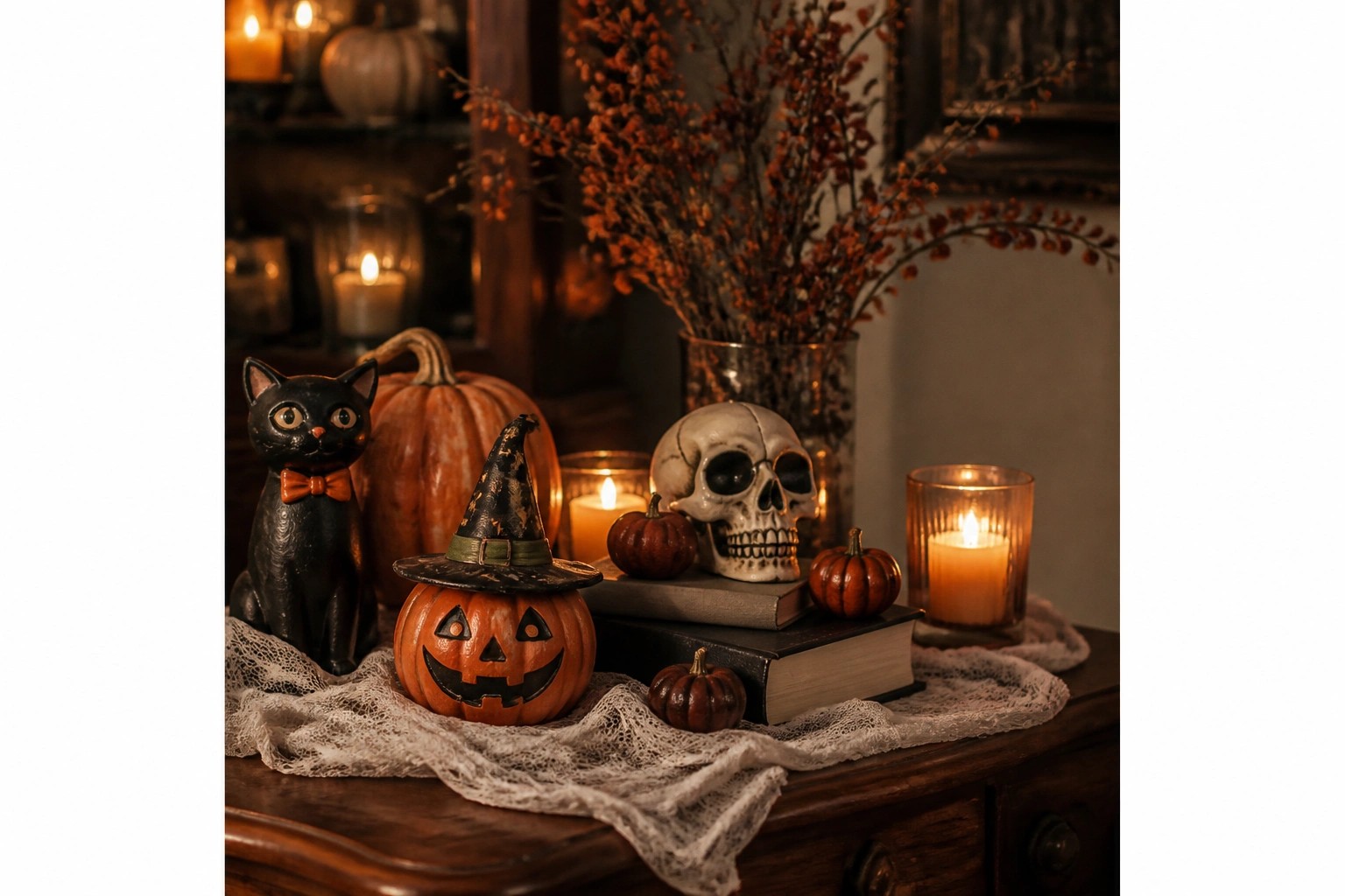Glowing jack-o'-lantern beside witch doll, black cat, owl, and flickering candles.