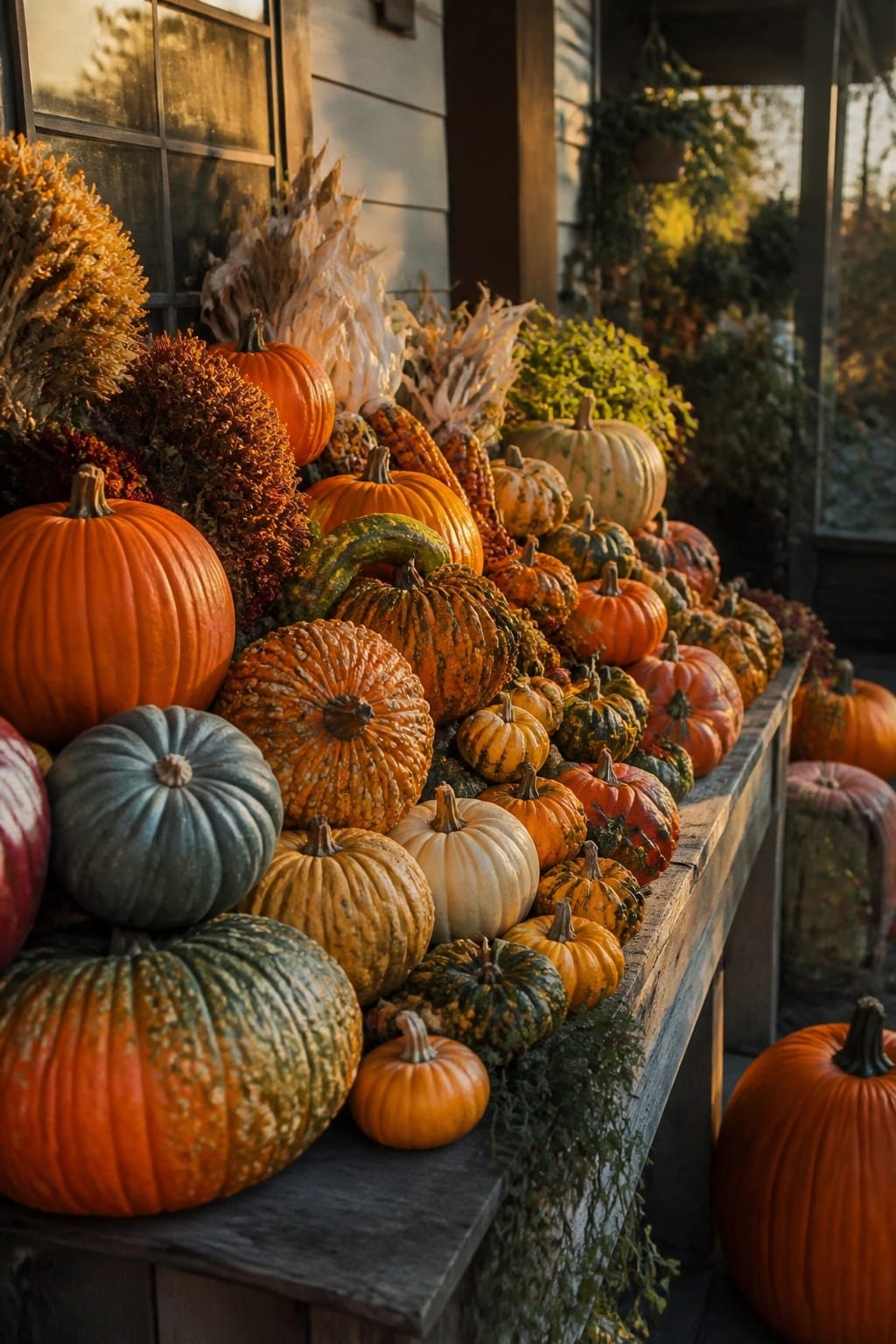 Assorted colorful pumpkins and gourds piled on a wooden porch bench amid autumn decor.