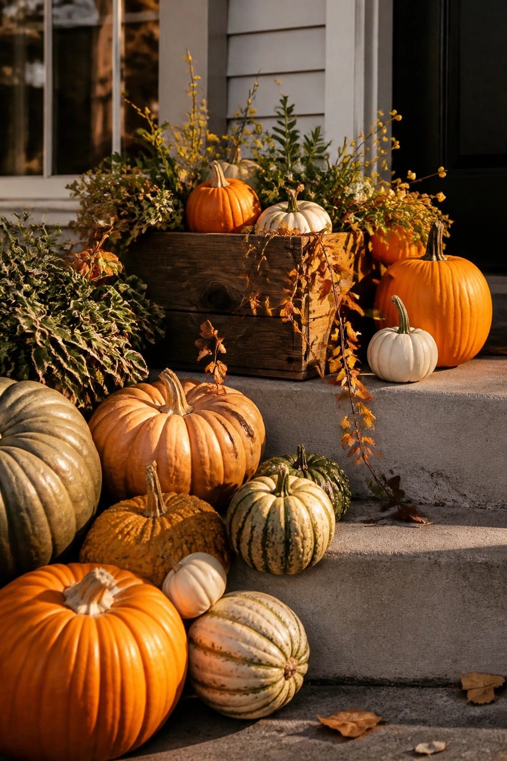 Concrete front steps lined with orange, white, and green pumpkins of various sizes, along with autumn plants in a wooden crate.