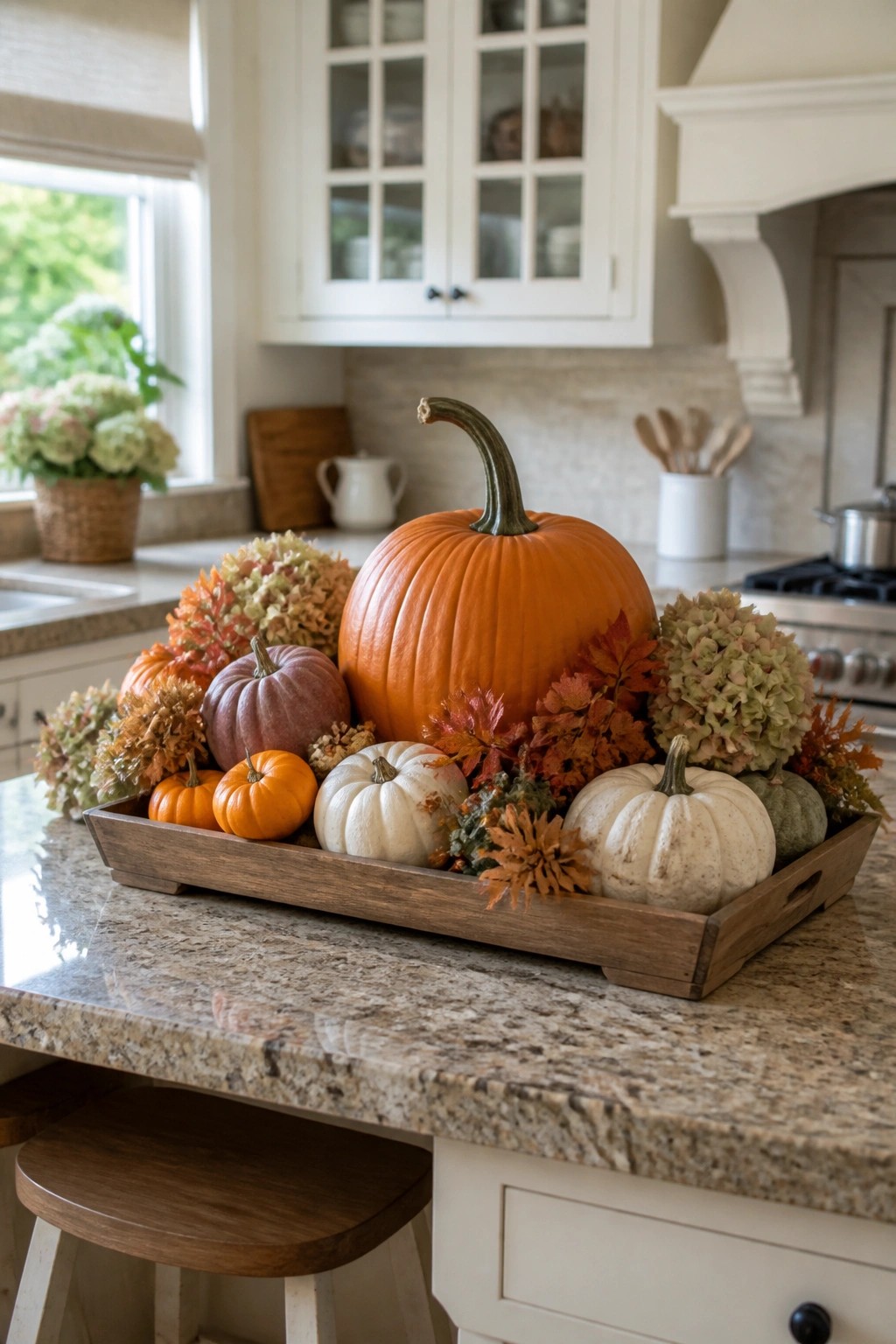 Wooden tray of assorted pumpkins and autumn flowers on granite kitchen counter