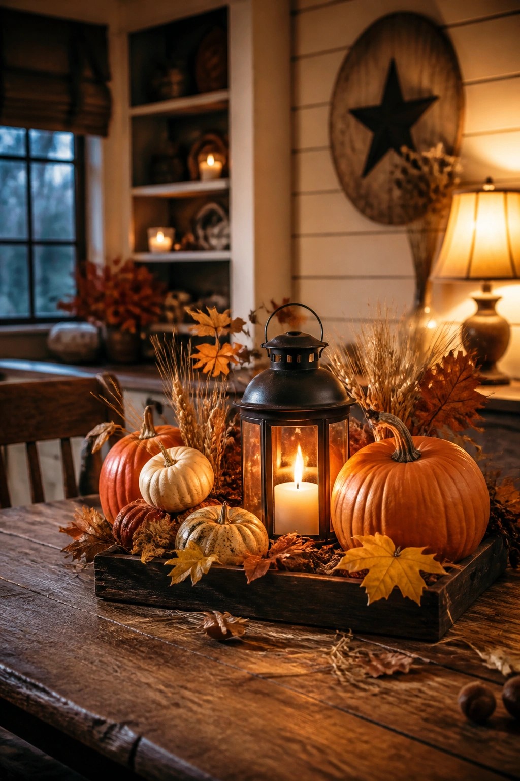 A dark wooden tray on a dining table holds several pumpkins of different colors and sizes around a black lantern with a lit candle, accented with autumn leaves and dried grasses.