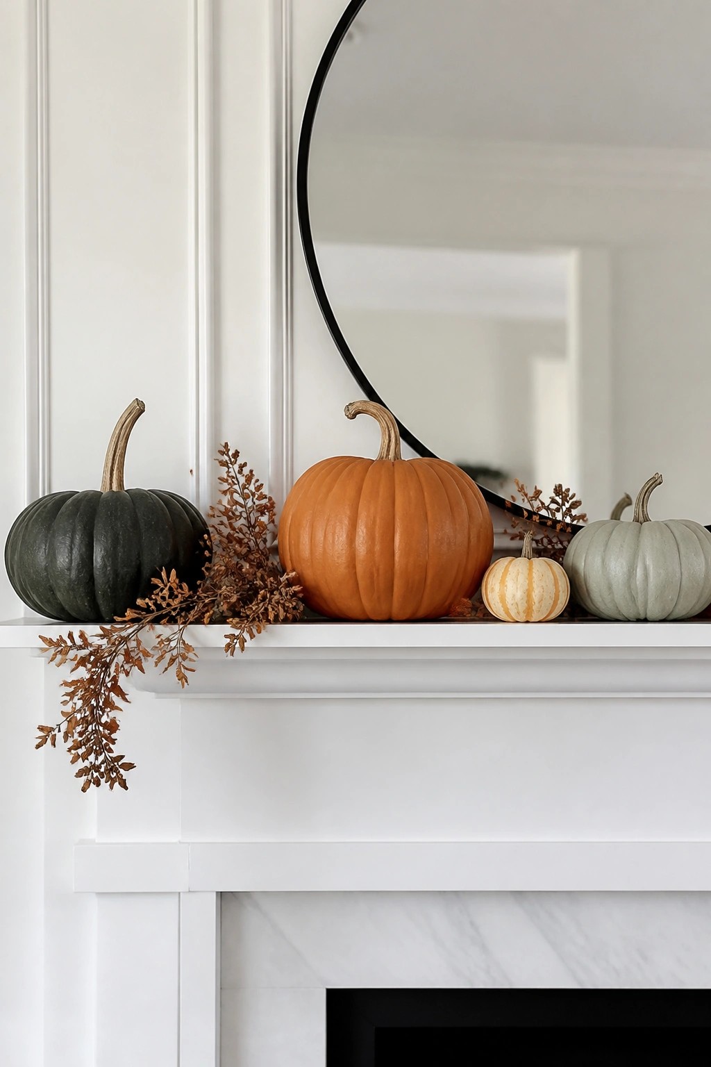 White fireplace mantel decorated with pumpkins in dark green, bright orange, sage green, and a small striped variety along with dried foliage.