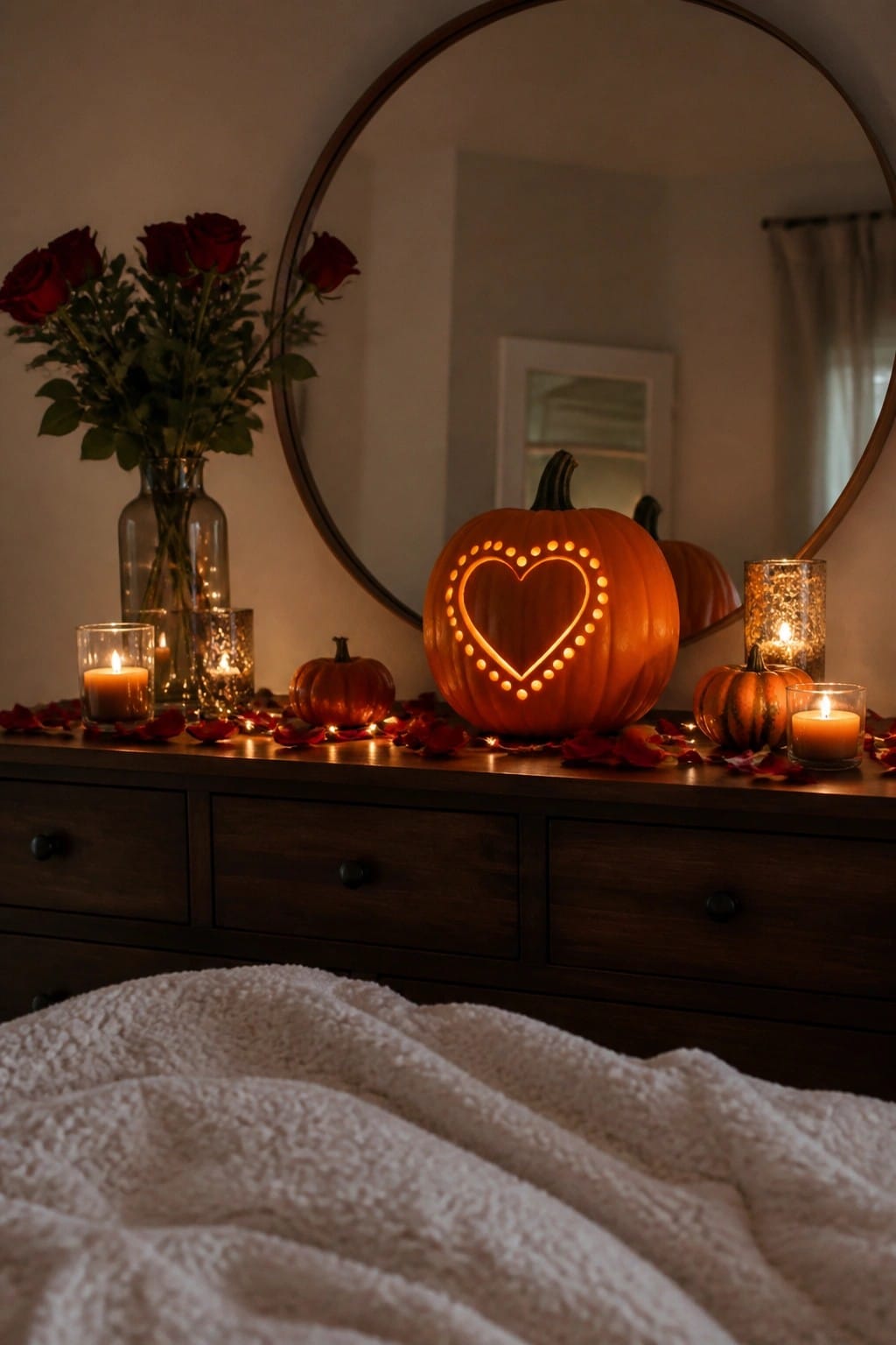 A large pumpkin with a glowing heart carving sits on a wooden dresser in a bedroom, surrounded by smaller pumpkins and lit candles.