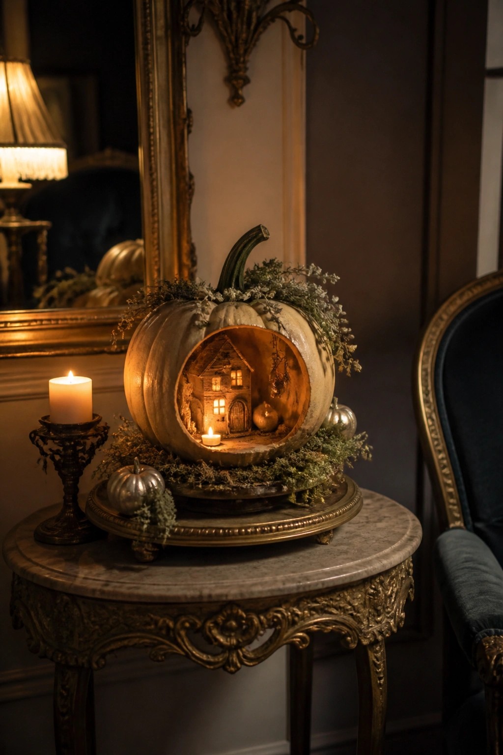 A large carved pumpkin on a marble table shows a miniature illuminated house scene inside, surrounded by greenery and small metallic pumpkins.