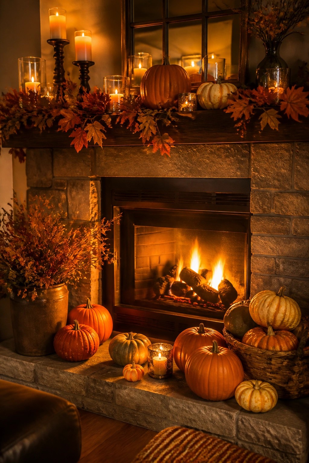 Stone fireplace mantel lined with orange and white pumpkins, candles, and autumn leaves, with more pumpkins arranged on the hearth below.