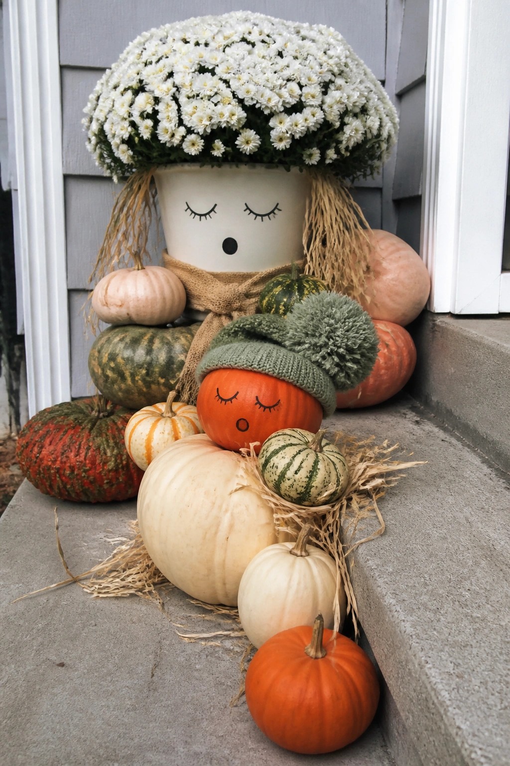 Front porch steps decorated with pumpkins that have drawn faces, including one wearing a green knit hat and a large pot styled with a face and white flowers on top.