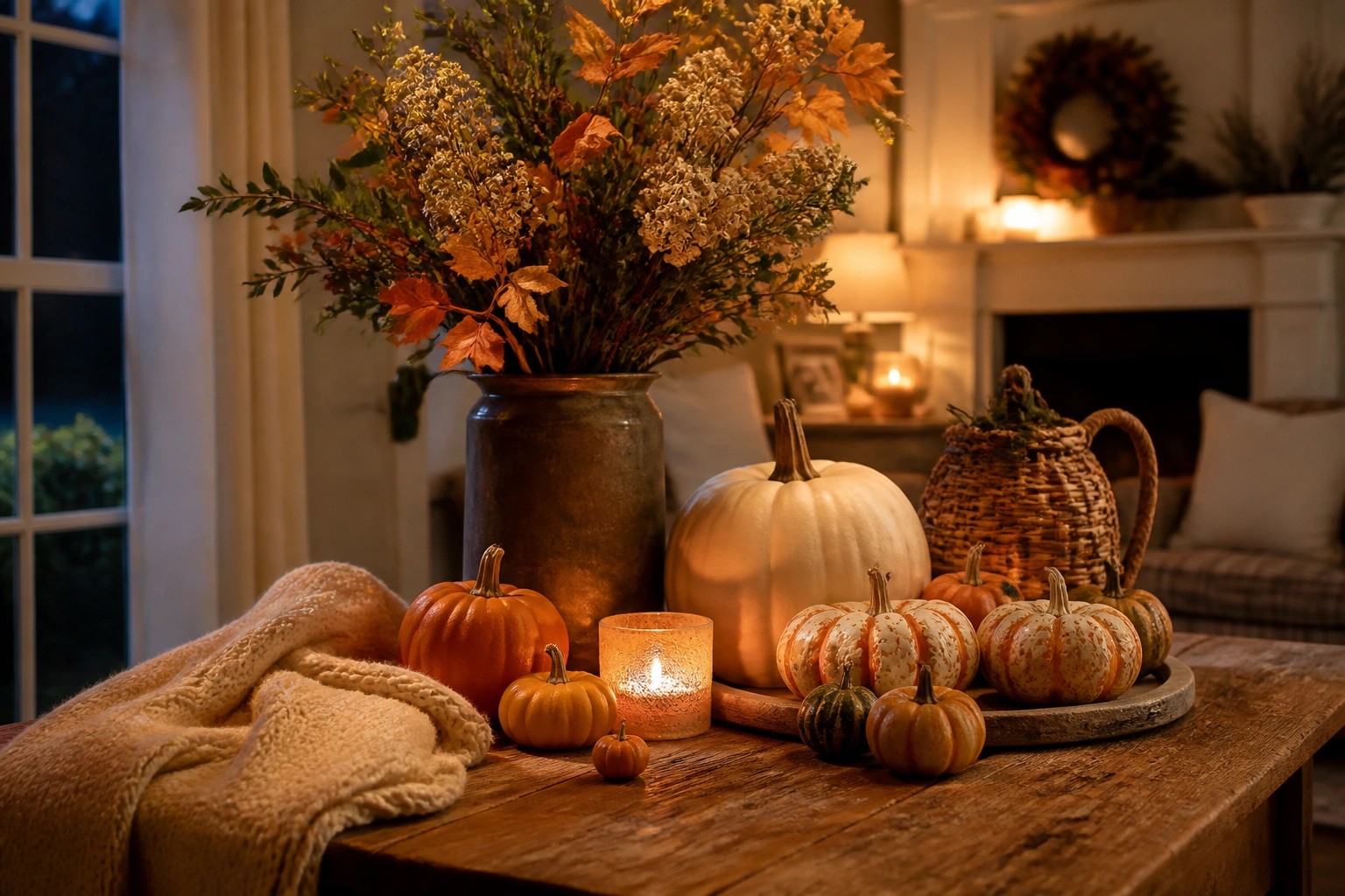 A dark wooden tray on a dining table holds several pumpkins of different colors and sizes around a black lantern with a lit candle, accented with autumn leaves and dried grasses.
